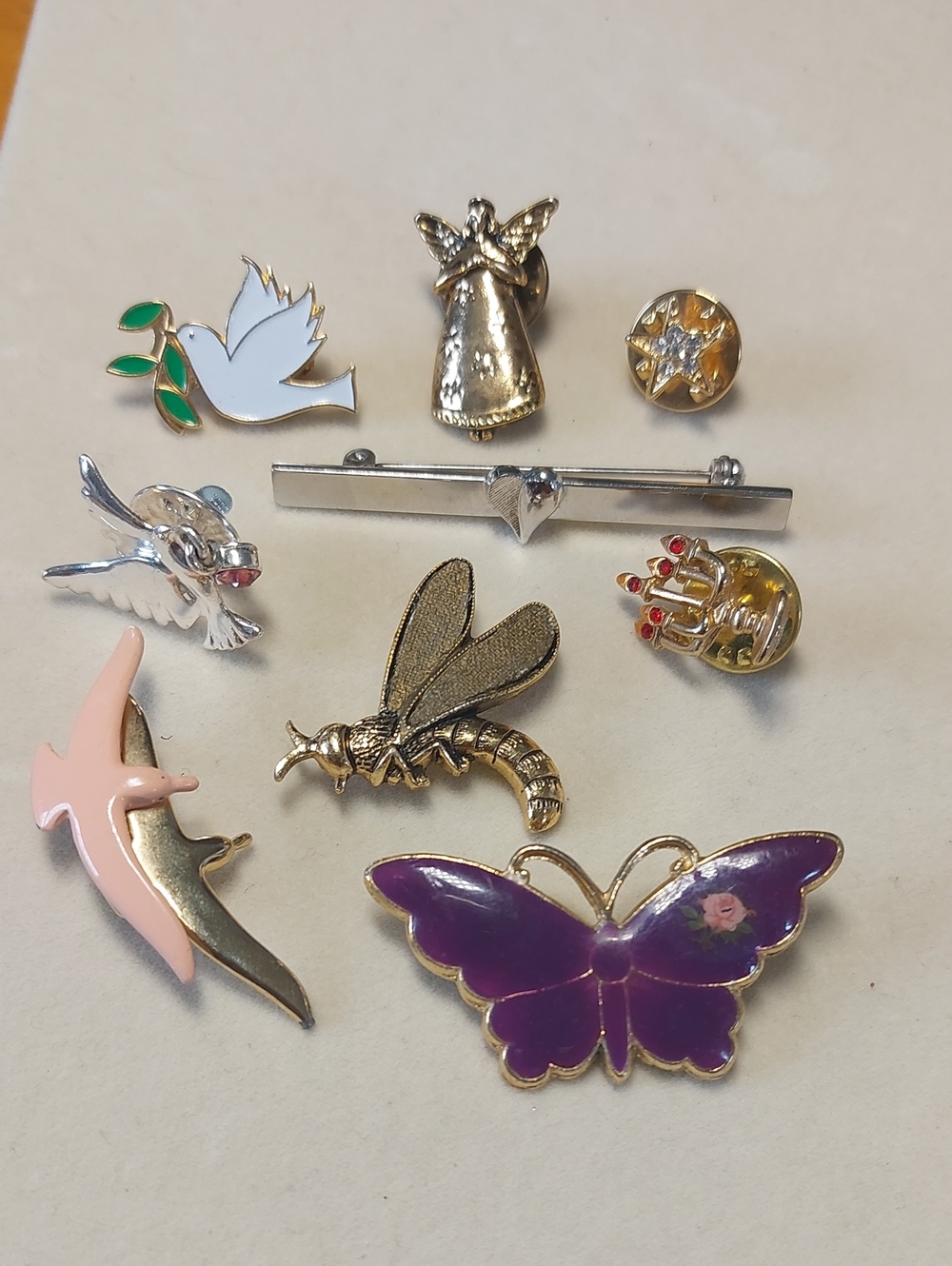 Vintage Costume Jewelry Pin Lot - Enamel Butterfly, Dove, Insect, Angel Brooches